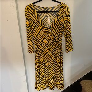 Janette Plus Yellow Black V-Neck Wrap Dress 3/4 Sleeve